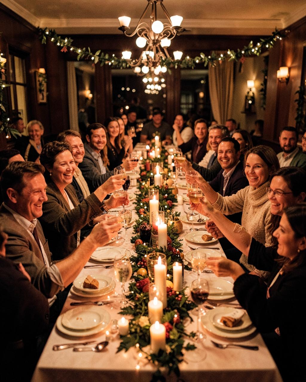 Lange feesttafel met gasten die het glas heffen