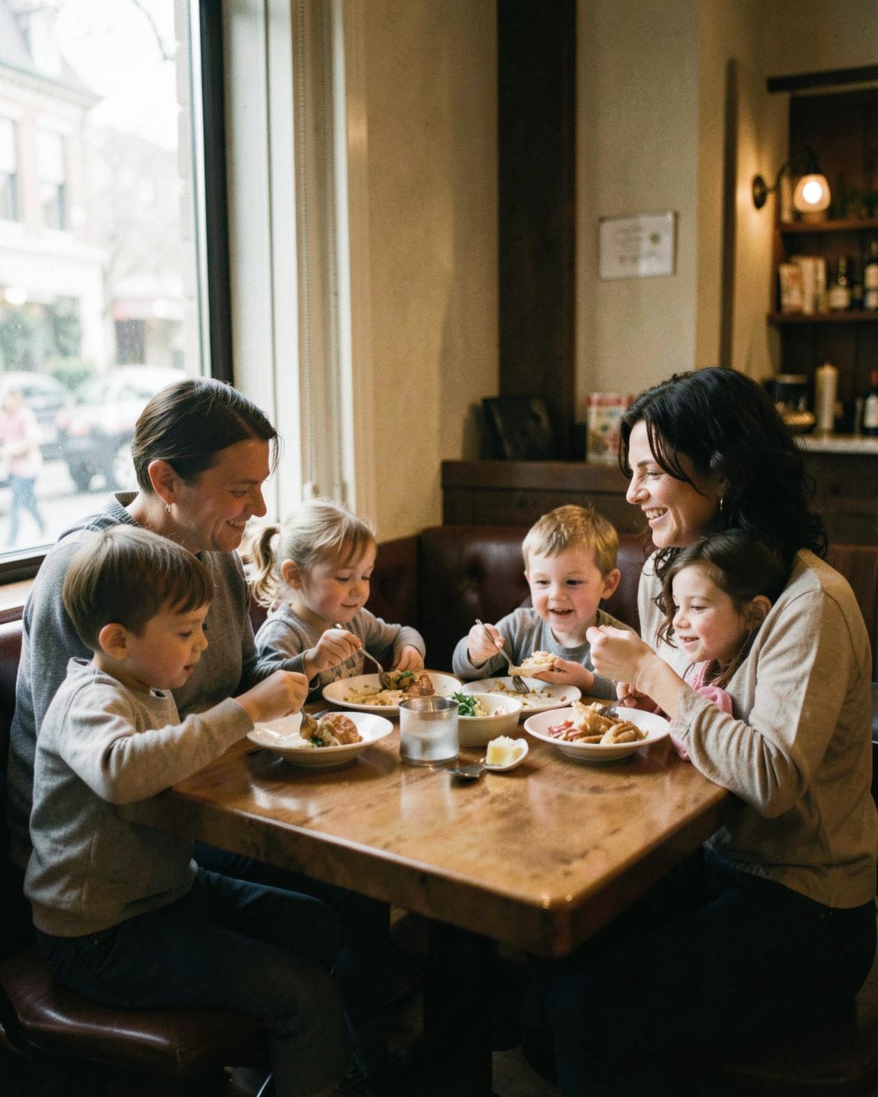 Gezin met jonge kinderen dat samen aan tafel eet bij het raam
