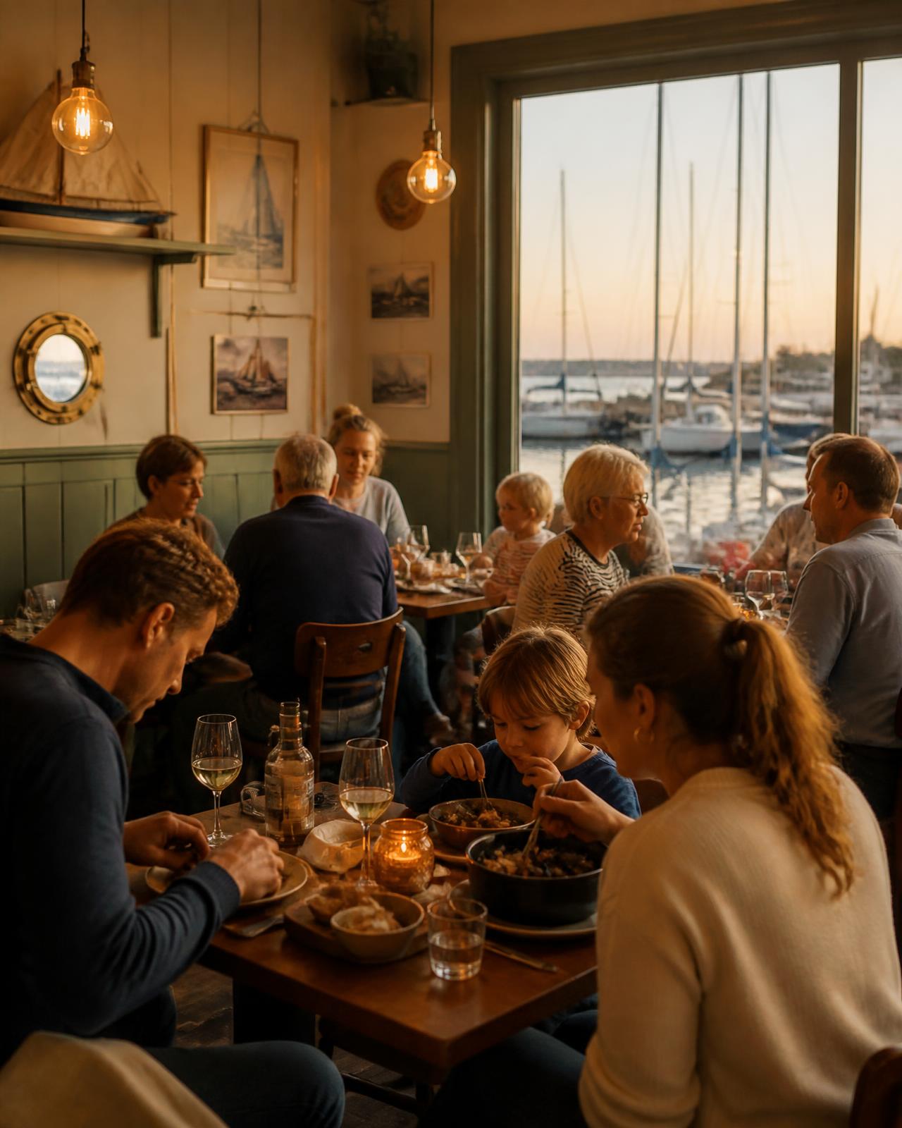 Gasten van verschillende leeftijden eten samen in het restaurant met zicht op de haven