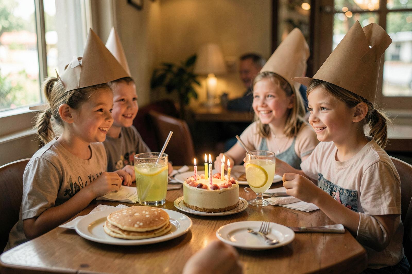 Kinderen met feesthoedjes aan tafel met taart en pannenkoeken