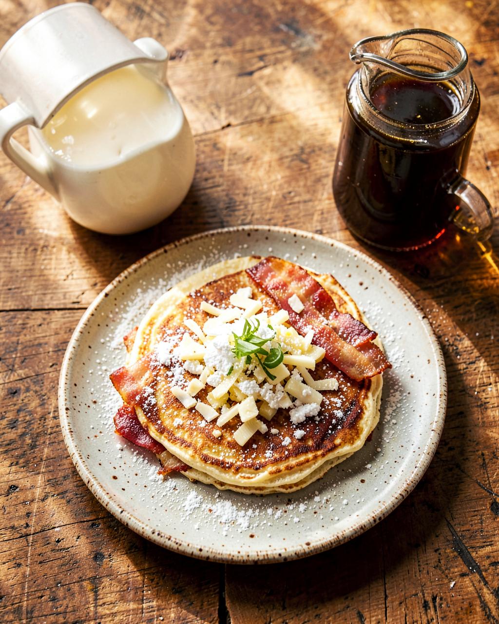 Pannenkoek met spek, kaas en ui op een keramisch bord